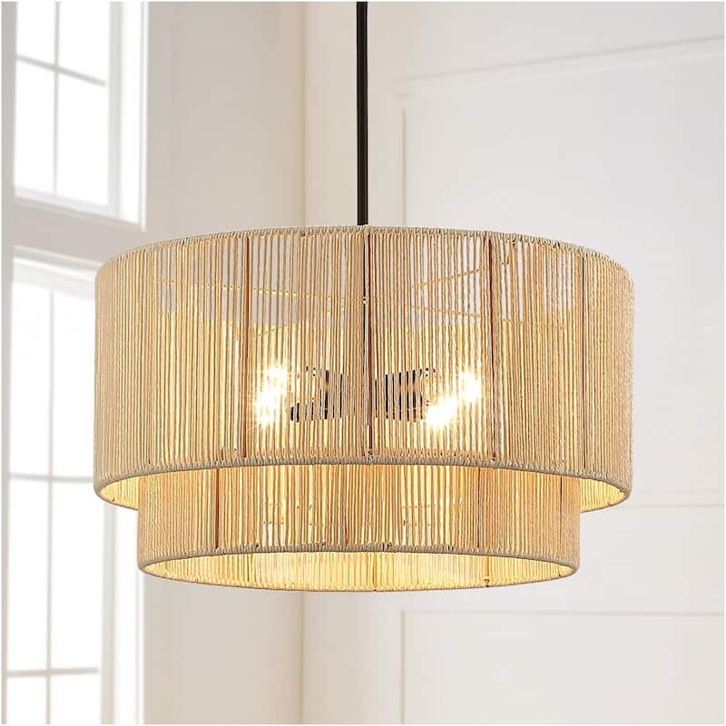 4-Light Rattan Tiered Drum Chandelier Light with Black Canopy - 22'' W - 22'' W