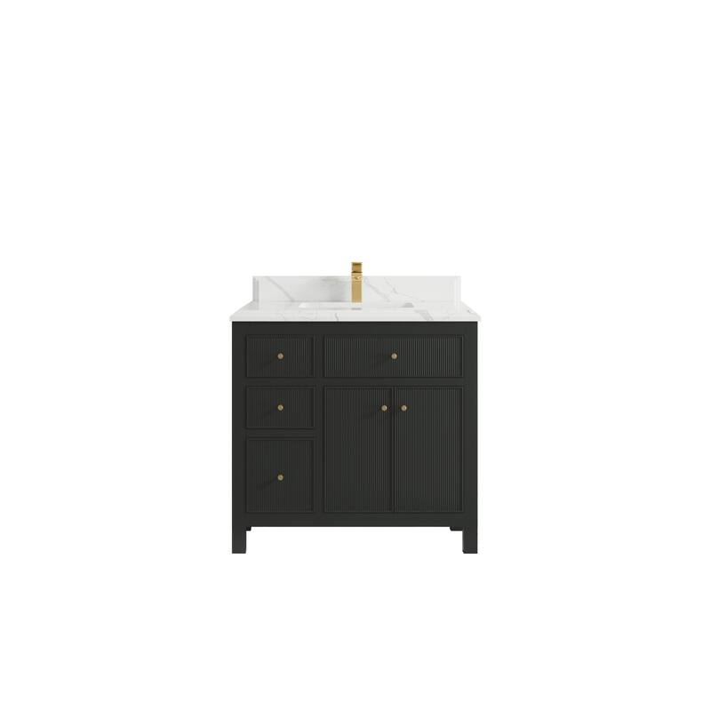 Willow Collections 36 in W x 22 in D Sonoma Center Sink Free Standing Reeded Bathroom Vanity with Countertop - 1.5" Calacatta Laza - Black Top