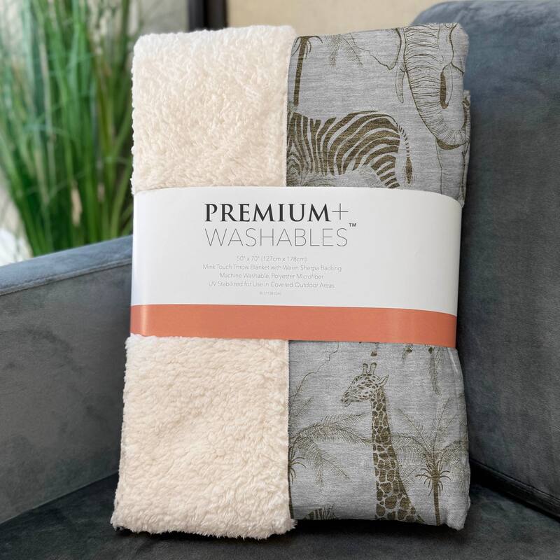 Premium Machine Washable ASB202 Giraffe Elephant Sherpa Throw Blanket