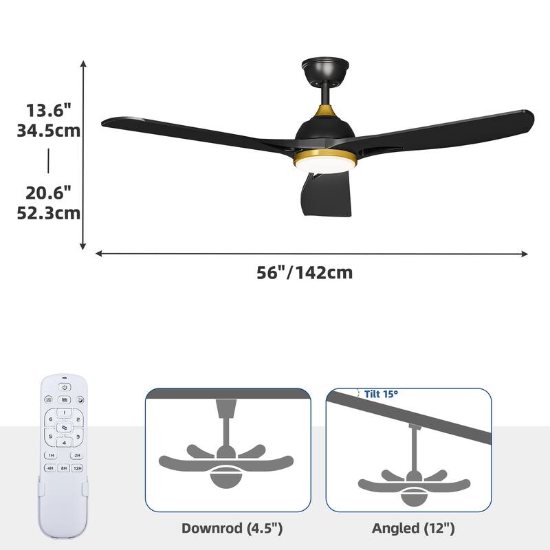 Moasis 56"ack Gold Ceiling Fan 3-Blade Modern Smart Reversible Ceiling Fan