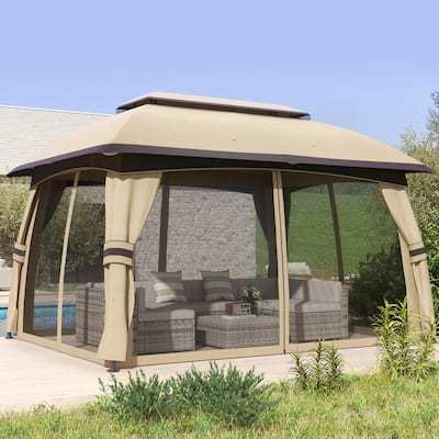 Beige Outdoor Gazebo with Galvanized Steel Frame Polyester Canopy and Insect Netting Two Tier Roof for Garden Patio