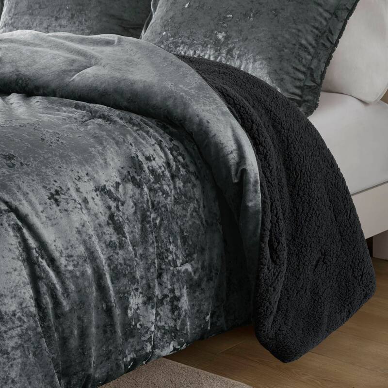 3 PCS King/Cal King Crushed Velvet Sherpa Reversible Comforter Set Charcoal