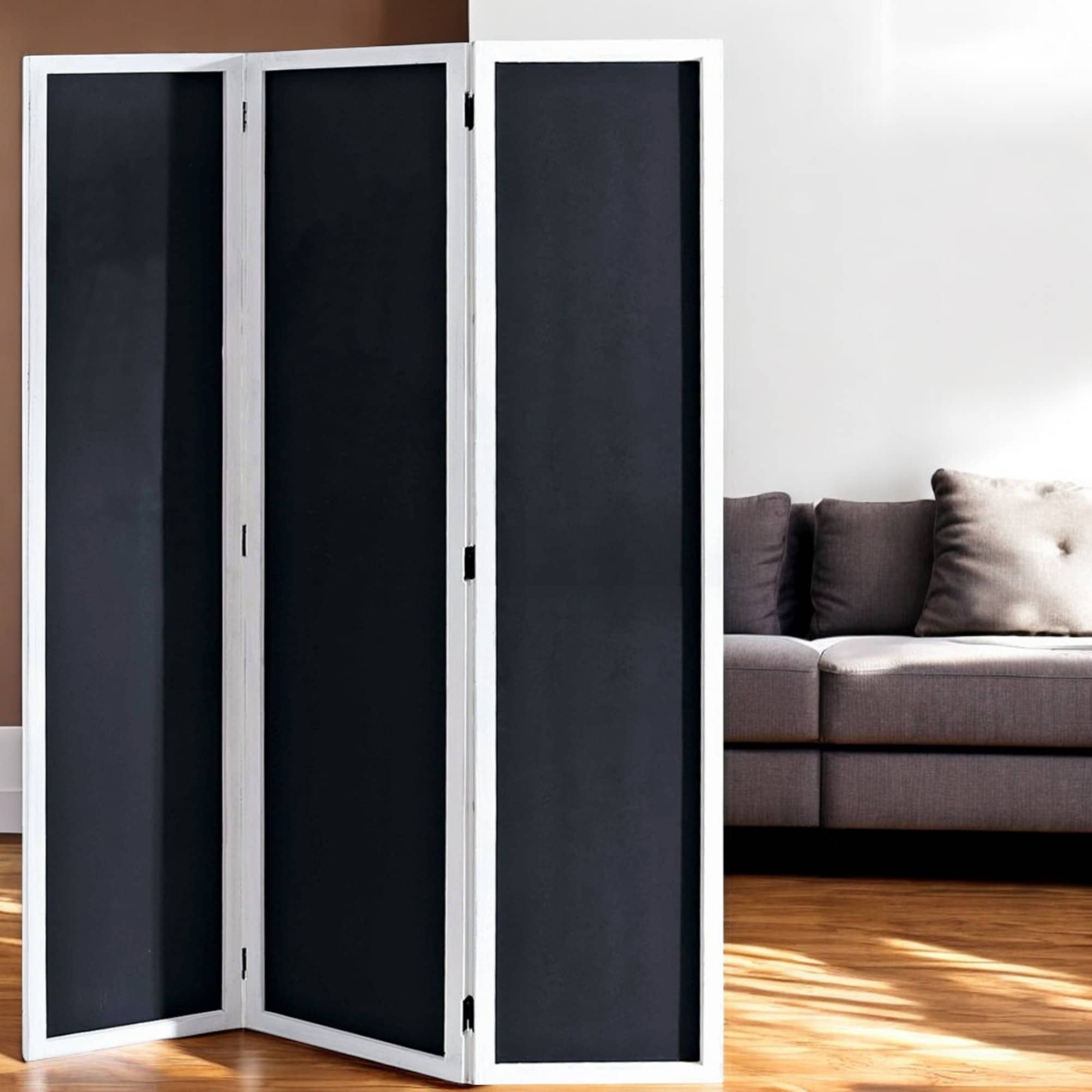 HomeRoots 67" Black and White Chalkboard Wood Folding Three Panel Screen Room Divider - 47' X '67' X '1.5