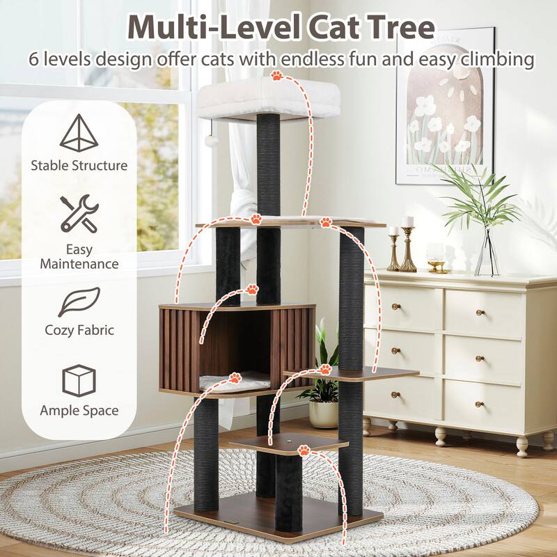 Gymax 59.5'' Tall Cat Tower w/Cushion Top Perch Detachable Mats