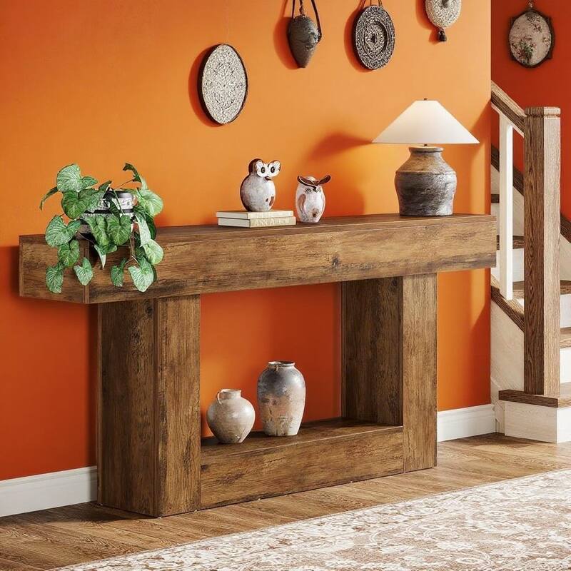 MDF Farmhouse Console Table with U-Shaped Base and Shelf - 63” L x 11.81 W x 32.28 H