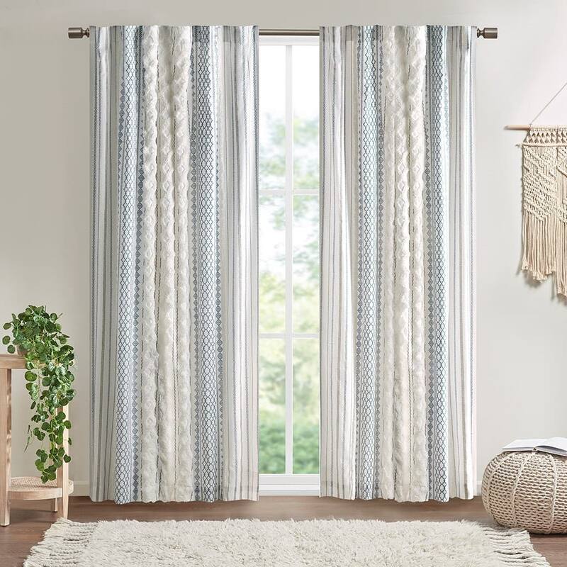 1-Panel 50"W Cotton Geometric Print Curtain Panel with Chenille Stripe - 50"W x 84"L - Navy