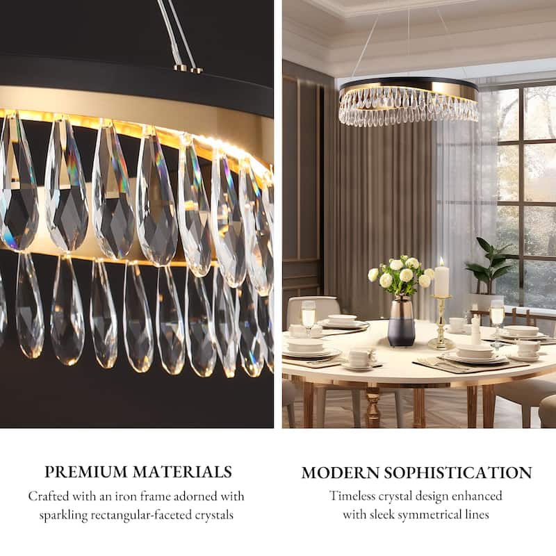 Modern LED Crystal Drum Chandelier Black Gold Hanging Lights for Dining Living Room - D23.5" x H6"