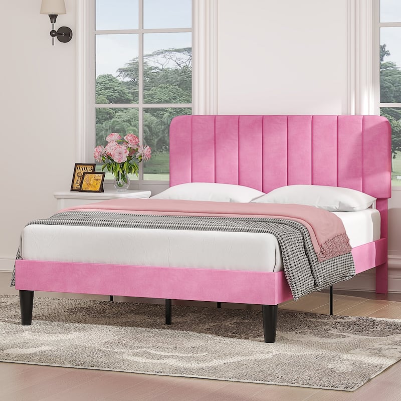VECELO Velvet Upholstered Bed Frame with Vertical Channel Tufted Headboard, Adjustable Headboard, Wooden Slats Support