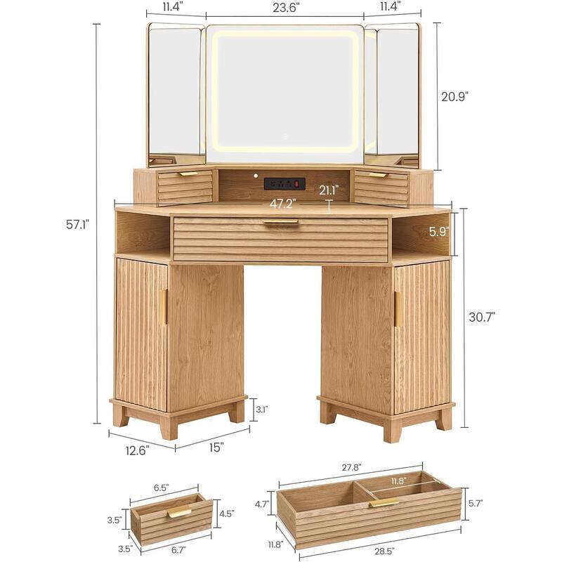Corner Vanity Desk with Lighted Mirror Drawers Shelves Storage Stool