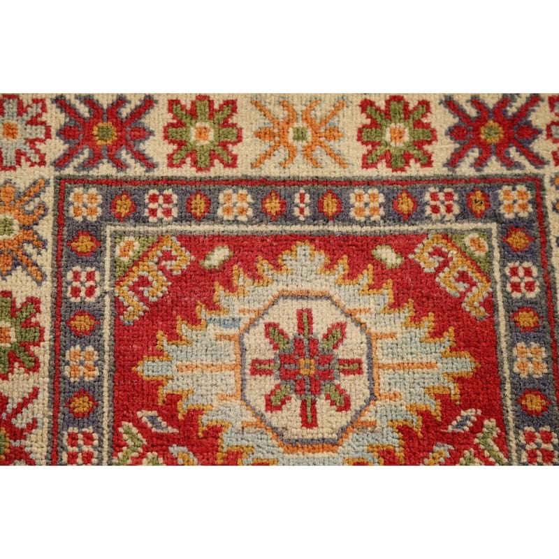 Geometric Kazak Oriental Foyer Rug Handmade Red Wool Carpet - 2'0" x 2'11"