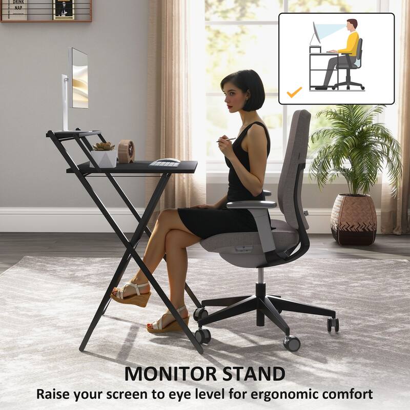 Folding Desk with Monitor Shelf Compact Space Saving Workstation for Home Office