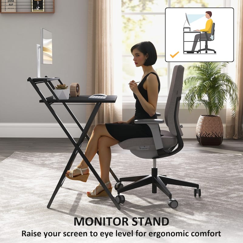 HOMCOM Small Folding Desk, 27.6 Inch Foldable Computer Desk with Monitor Shelf, Space Saving Portable Writing Table