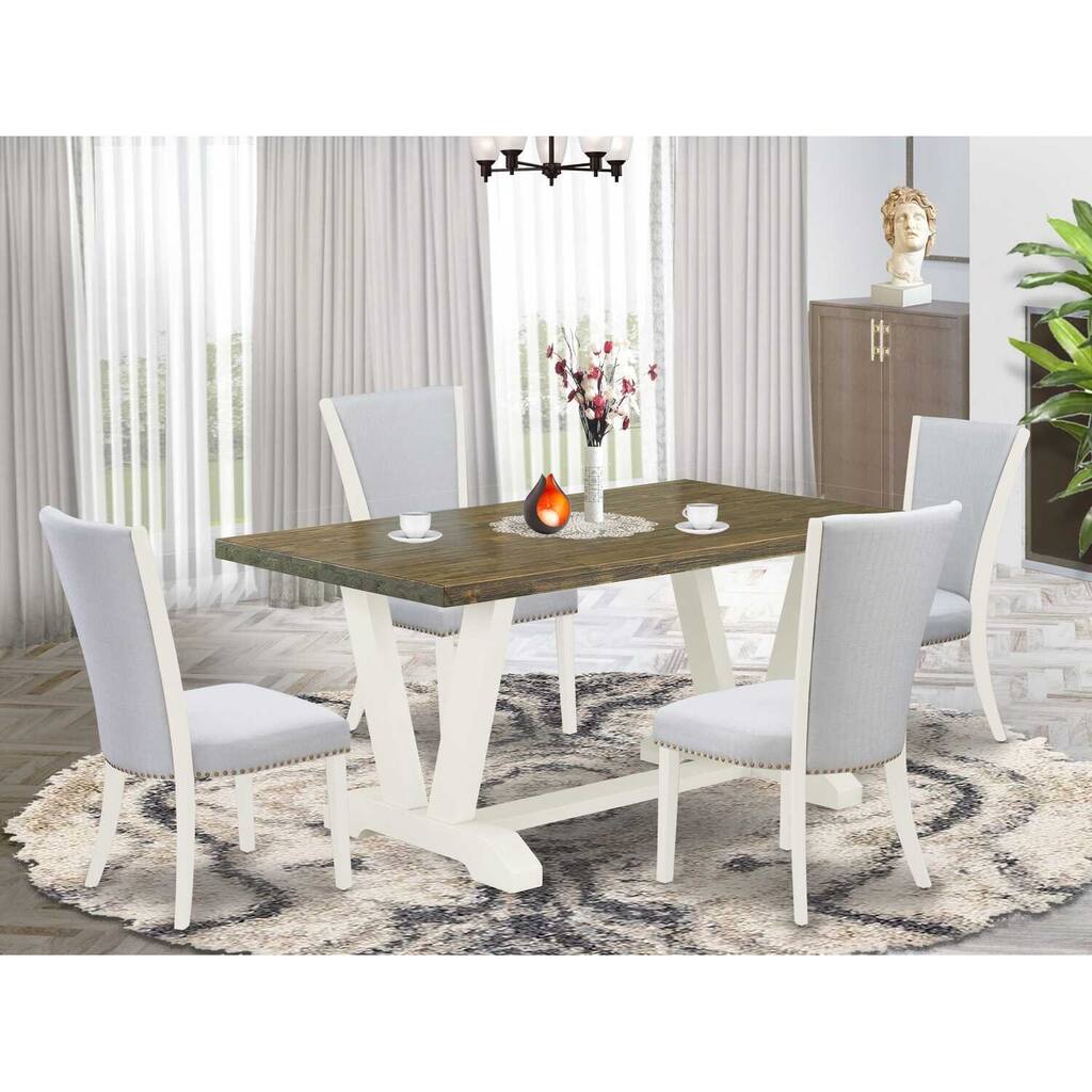 HomeStock 5-Piece Rectangle Distressed Jacobean Finish Solid Wood Top Dining Table with 4 Upholstered Chairs