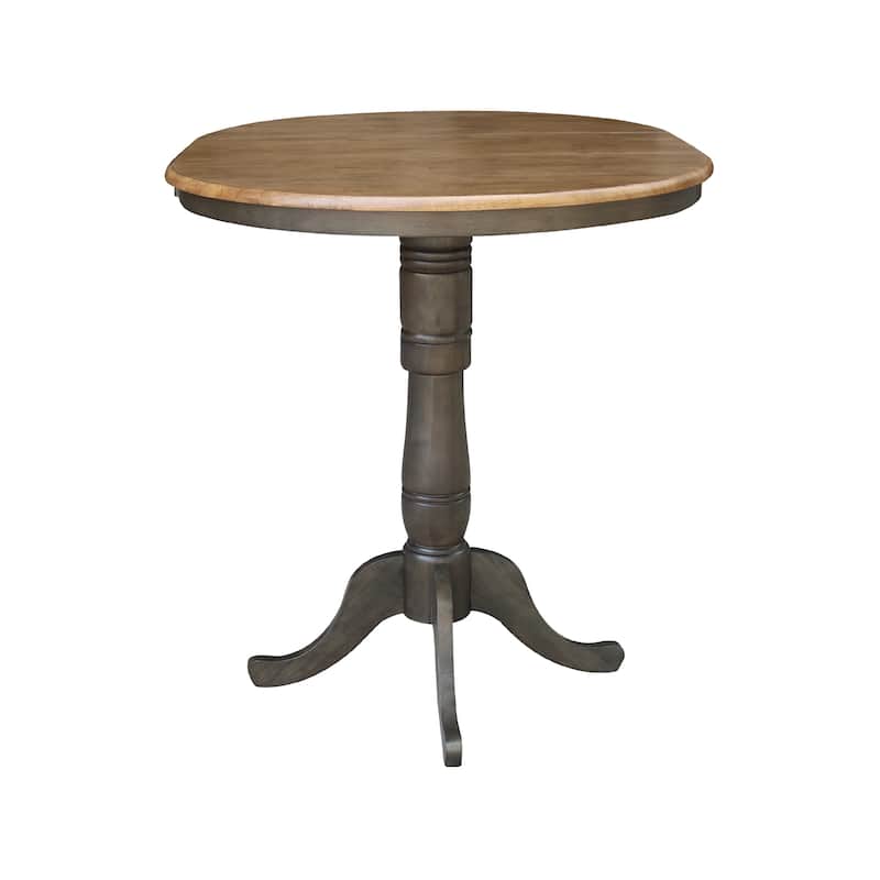 36" Round Top Pedestal Table with 12" leaf - 41.3"H - Bar Height in Hickory and Washed Coal