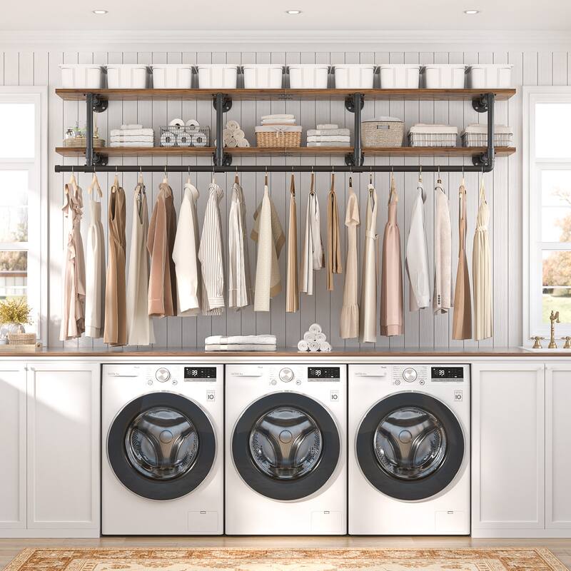 Floating Pipe Heavy-Duty Garment Rack, Wall-Mounted Closet Organizer with Storage Shelves