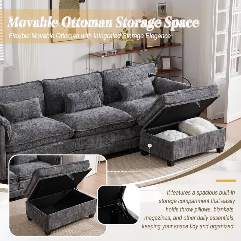 Modern Chenille Chaise Couch L-shaped Sectional Sofa with Storage Ottoman, Phone Holder, USB/Type-C Ports and Side Pockets