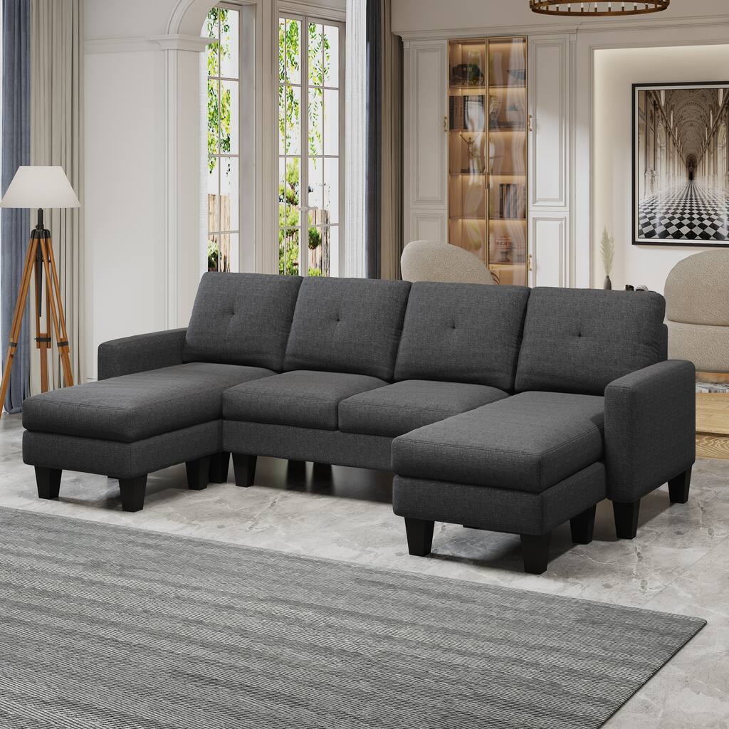 96.85'' Polyester Fabric U-Shaped 4 Seat Sectional Sofa Couch with 2 Chaise, for Living Room, Apartment, or Office