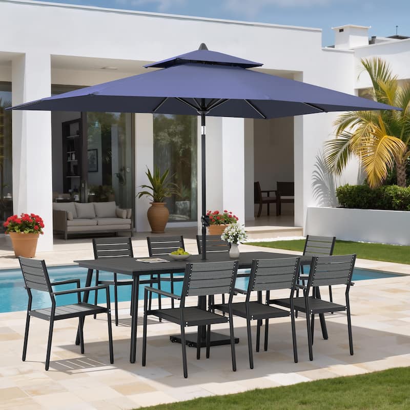 11PC Outdoor Patio Dining Set Wood-Like Aluminum Table with Stackable Armchairs,Double Top Market Umbrella and Wheel Base - GreyTable&GreyChairs&NavyBlueUmbrella