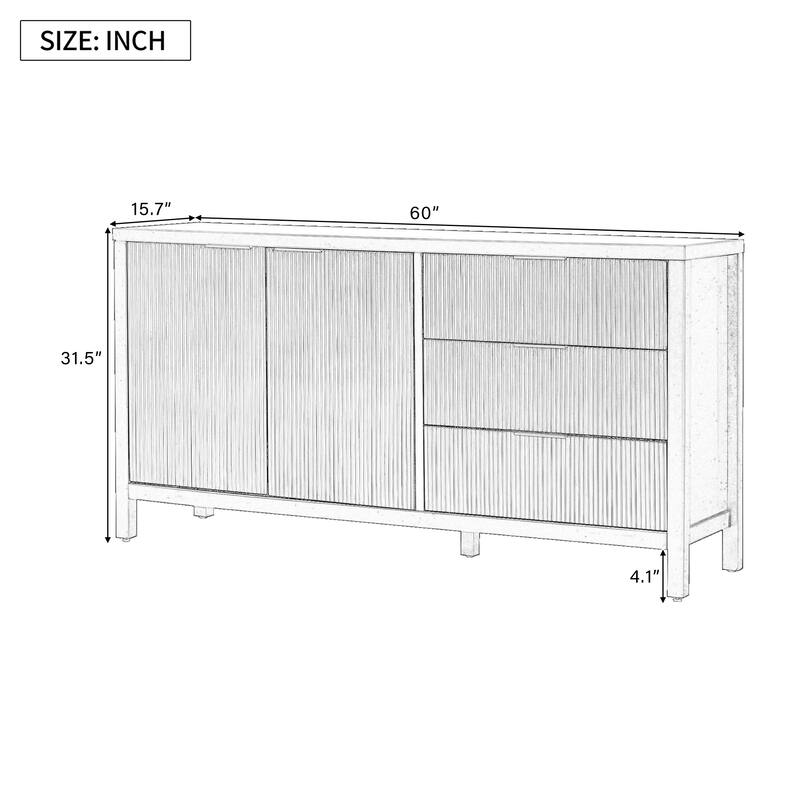 4-Door Wave-Pattern Buffet Cabinet with Wood Legs and Aluminum Handles, Kitchen Cabinet with Adjustable Shelves & 3 Drawers