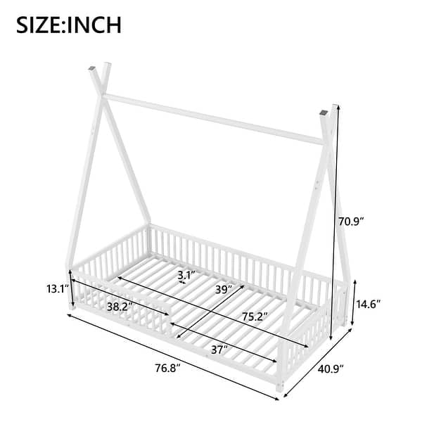 White Twin Metal House Floor Bed with Triangle Structure & Guardrail for Toddlers & Baby, Modern Montessori Platform Bed Frame