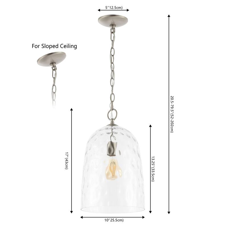 Plains 10" 1-Light Industrial Designer Iron/Dimple Glass Dome LED Pendant, Nickel/Clear by JONATHAN Y