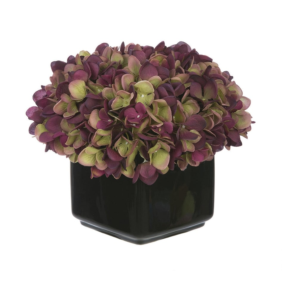 Faux Hydrangea in Small Black Cube Ceramic Vase