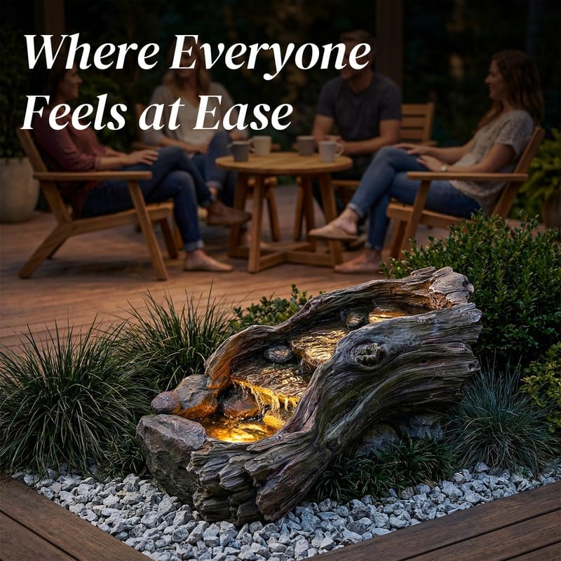 Driftwood and Rock Style Tiered Water Fountain with LED Lights Outdoor Garden Decor