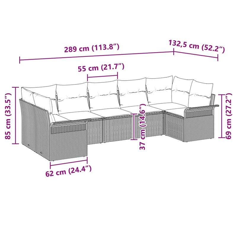 vidaXL 7 Garden Sofa Set with Cushions Black/Brown/Grey Poly Rattan - 113.8 x 52.2 x 27.2