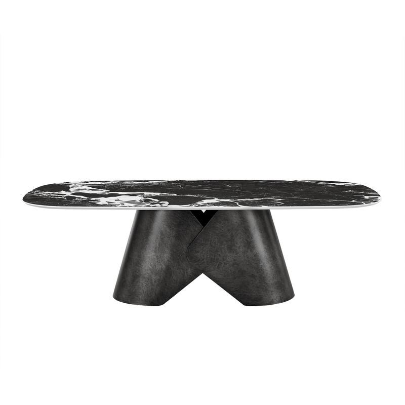 Spruce & Spring Modern Luxury Oval Ceramic Coffee Table with Black Marble Look Top and Sculptural Metal Base