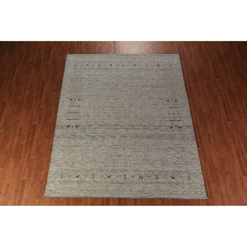 Ivory & Blue Tribal Gabbeh Oriental Area Rug Handmade Wool Carpet - 8'1"x 9'10"