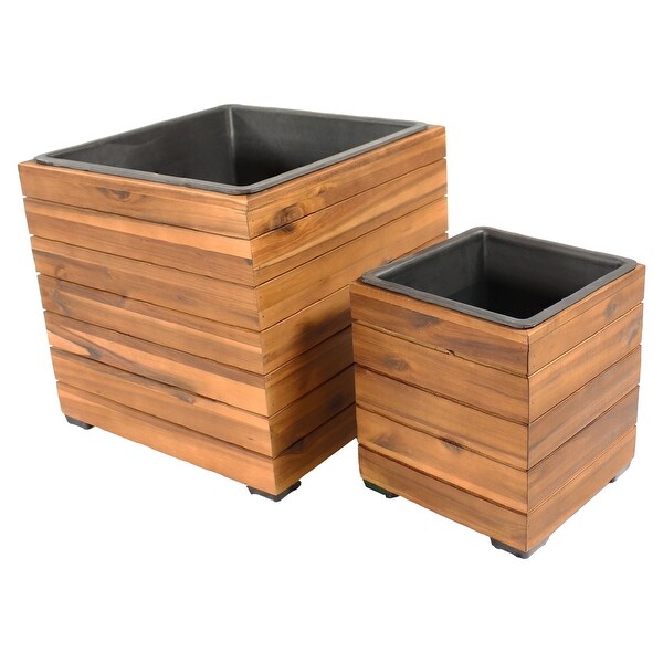 2-Piece Large Acacia Wood Square Planter Boxes with Plastic Liners
