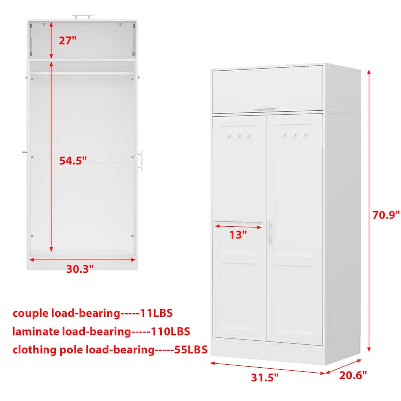 White Modern Entryway Storage Cabinet with Hooks and Hanging Rod