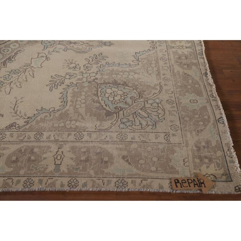Hand Knotted Oriental 100% Wool Carpet Traditional Medallion Beige & Ivories Tabriz Area Rug - 9' 4'' X 6' 5''
