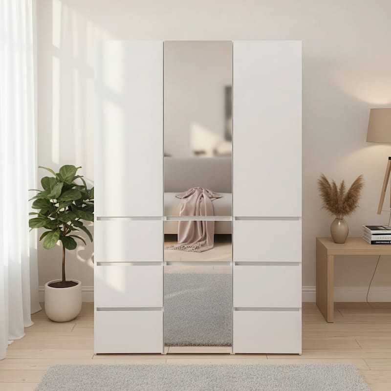Elise Modular Wood Closet System with Mirror in White - 47.1"D x 17.72"W x 70.9"H