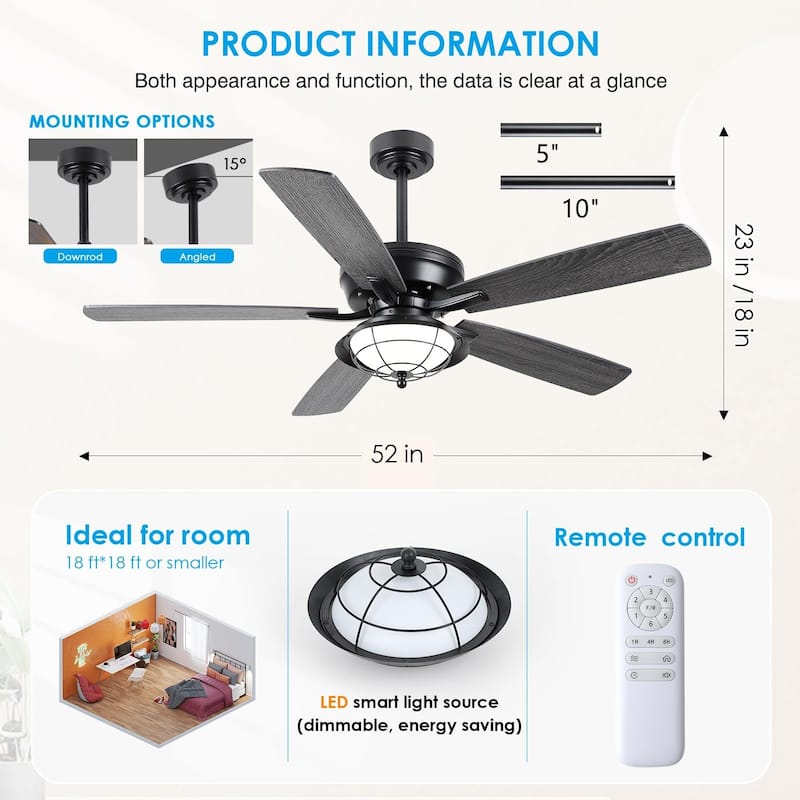 52 Inch Indoor and Outdoor Farmhouse Ceiling Fan with Light DC motor Wooden Blades Waterproof - 52 Inches