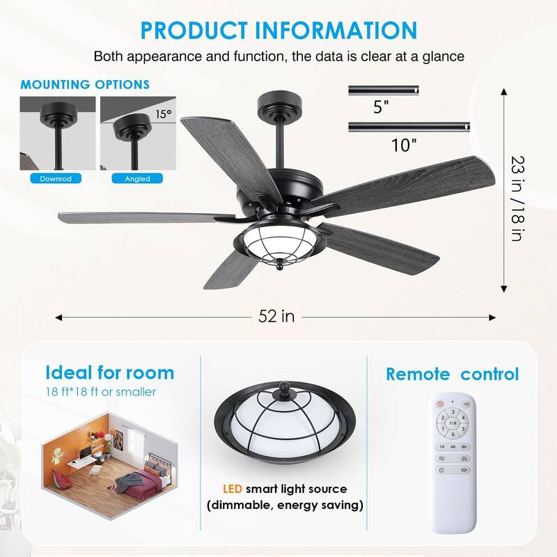 52 Inch Indoor and Outdoor Farmhouse Ceiling Fan with Light DC motor Wooden Blades Waterproof