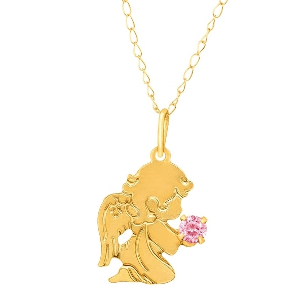 Girl's Guardian Angel Pendant with Pink Cubic Zirconia in 14K Gold