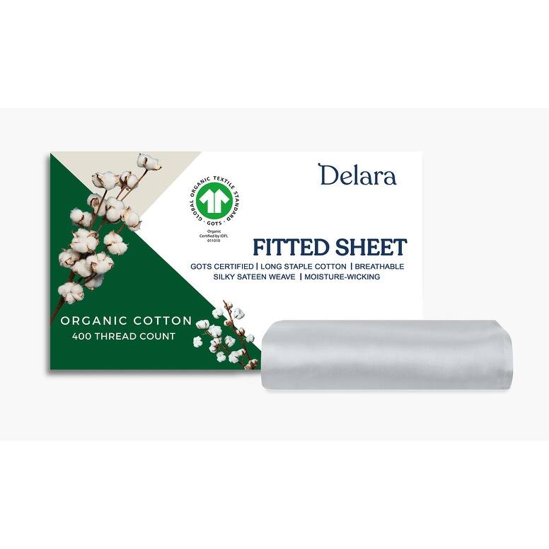 Delara GOTS Certified 100% Organic Cotton Fitted Sheet, 400TC Long Staple Cotton, Moisture-Wicking, Smooth & Breathable - Twin (39"X75") - Light Grey