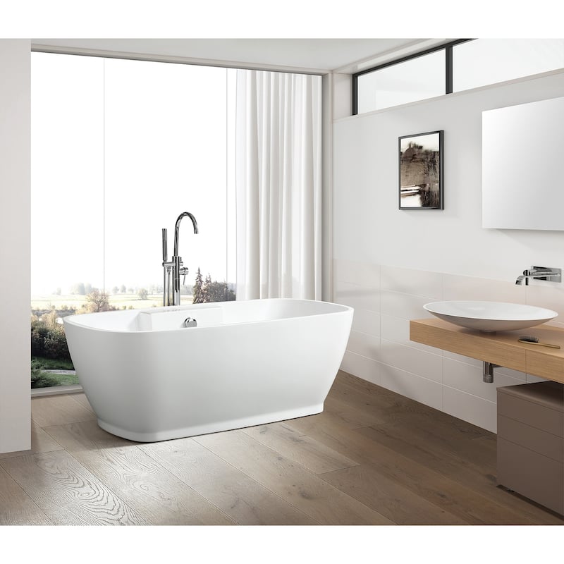 Vanity Art 67" Freestanding Acrylic Bathtub Modern Stand Alone Soaking Tub with Chrome Finish Round Overflow & Pop-up Drain - 67" - White