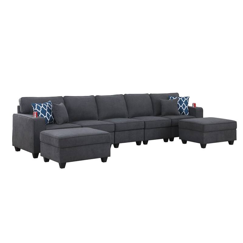 Woven Upholstered 5-Seater Sofa with 2 Ottomans in Stone Gray