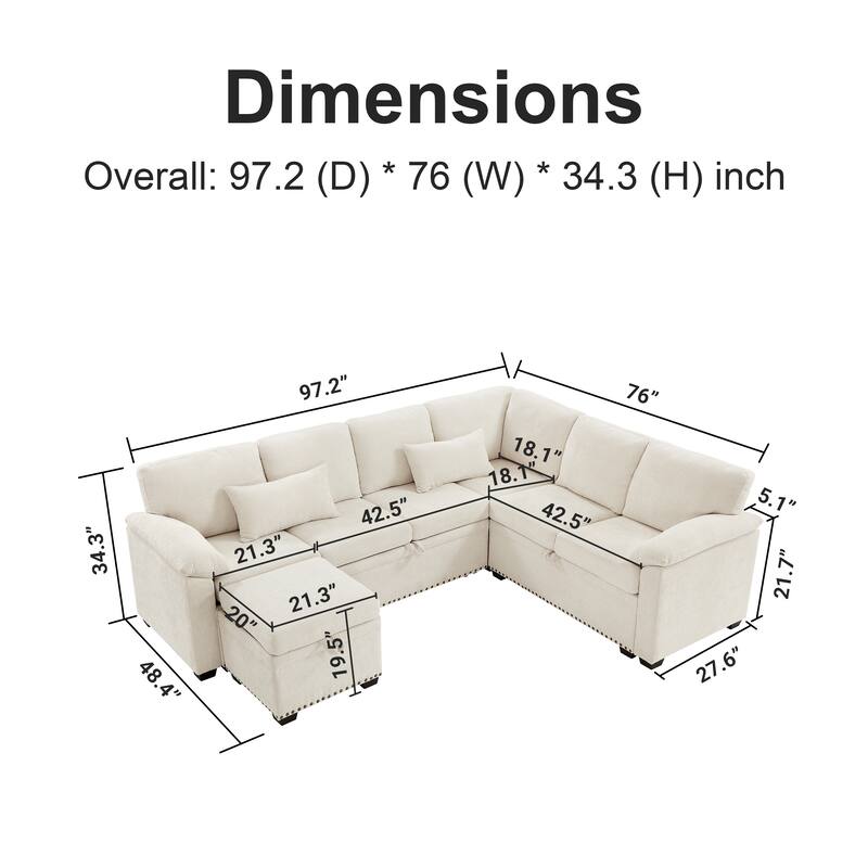 97" Chenille L-Shaped Sleeper Sectional Sofa with Storage Ottoman