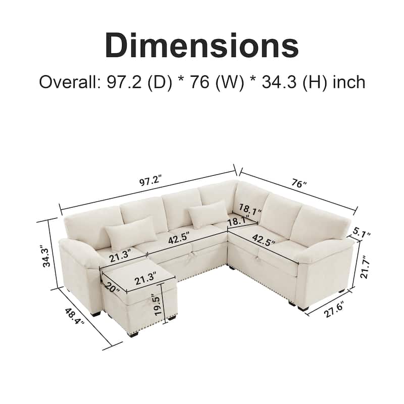 Corner Sectional Sofa with Pull Out Chaise Lounge and Pillow Top Arms, Chenille Sleeper Couch with Storage Seat and Ottoman