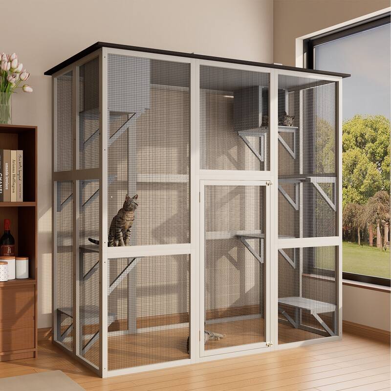 Wooden Outdoor Catio Cat Enclosure, Large Walk-in Cat House with Weatherproof Asphalt Roof, 6 Platforms & 2 Napping Box - Gray