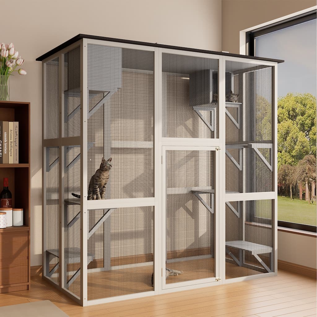 Wooden Outdoor Catio Cat Enclosure, Large Walk-in Cat House with Weatherproof Asphalt Roof, 6 Platforms & 2 Napping Box