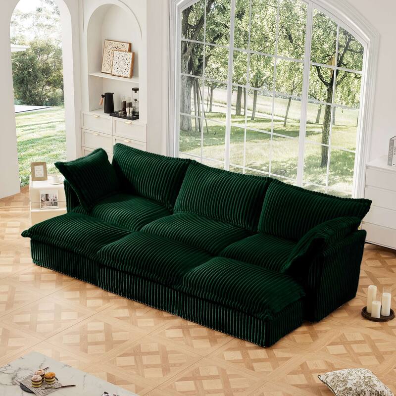 Modern 3-seater upholstered sofa with 3 ottomans and 2 pillows
