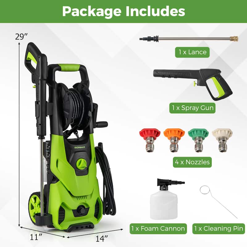 2150 PSI Electric Pressure Washer with Foam Cannon and 4 Connect Nozzles Hose Reel and Wheels