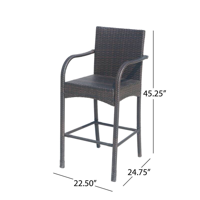 Outdoor Barstool Chair Set of 2, Gray Woven Faux Rattan, Iron Frame