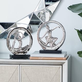 Silver Porcelain Contemporary Sculpture People (Set of 2) - S/2 10.5", 11.25"H