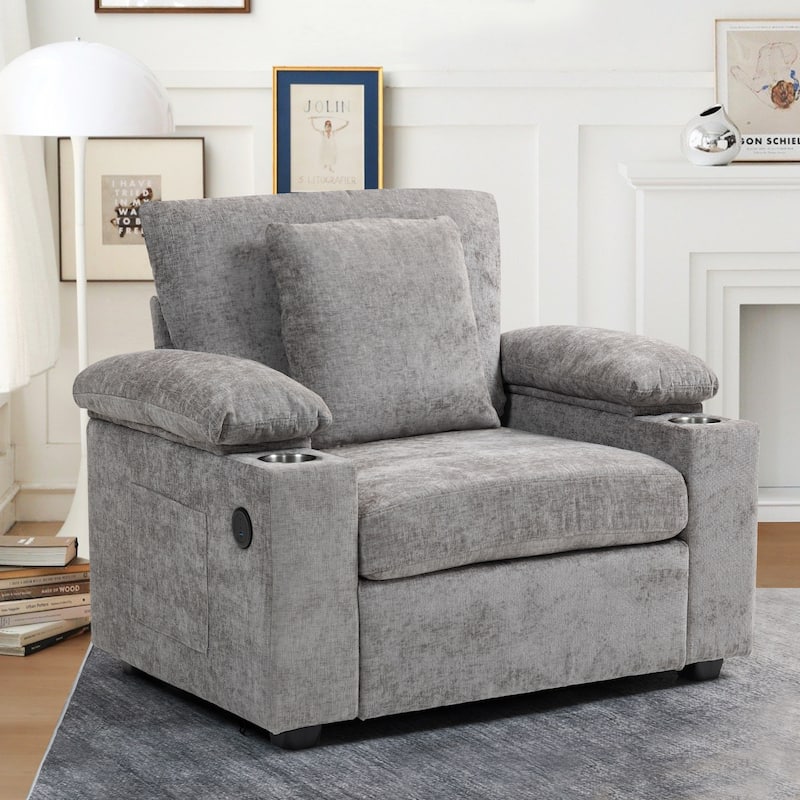 Modern Oversized Chaise Lounge Chair with Ottoman, Chenille Fabric Sofa Bed, Single Accent Chair with Cupholders, USB Ports