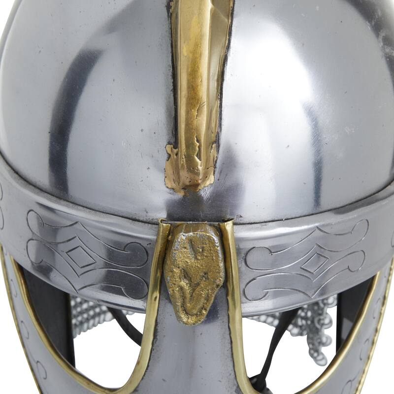 Metal Replica Medieval Knight Crusader Helmet with Black Wood Stand and Chainmail - Silver - Roche River Decor